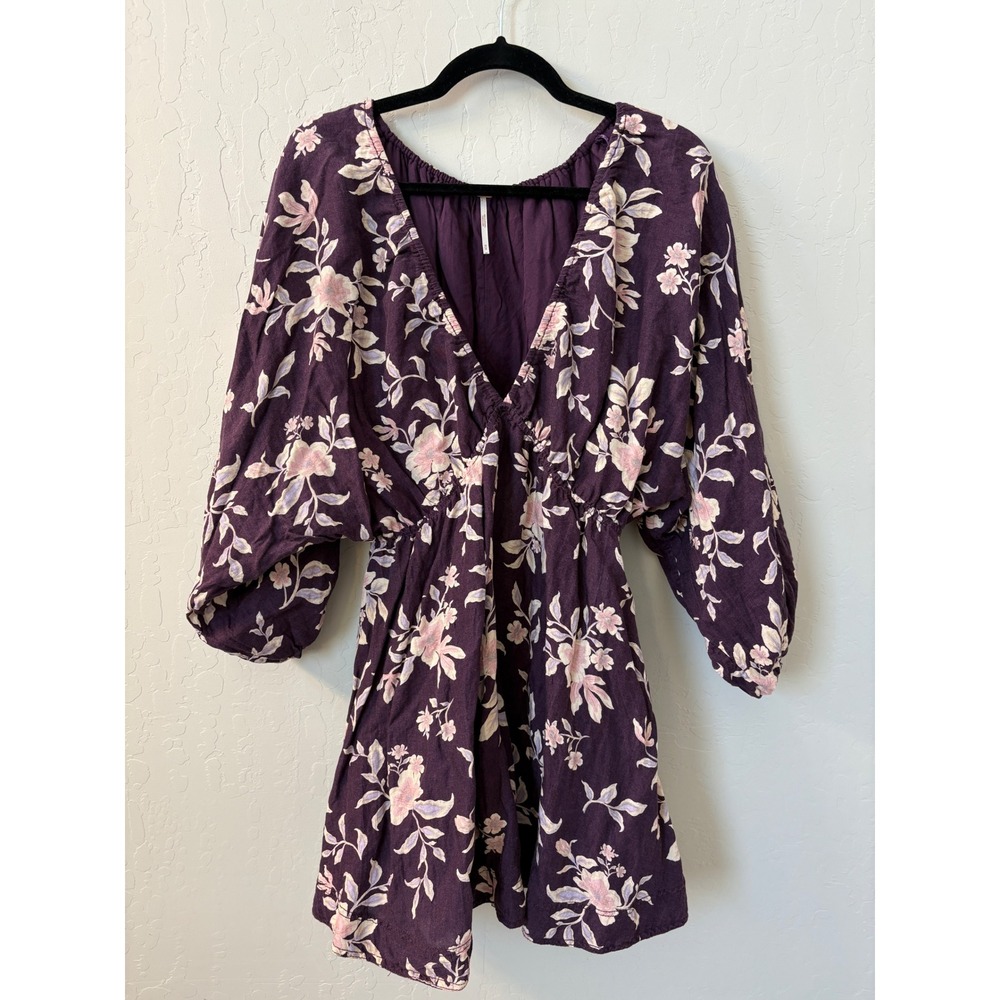 Free People Portia Mini Dress Floral‎ Print Babydoll Puff Sleeve Boho Linen Sz M